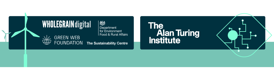 Graphic showcasing organisations supporting the two upcoming events in December – Wholegrain Digital, Green Web Foundation, Defra, The Sustainability Centre, and The Alan Turing Institute.